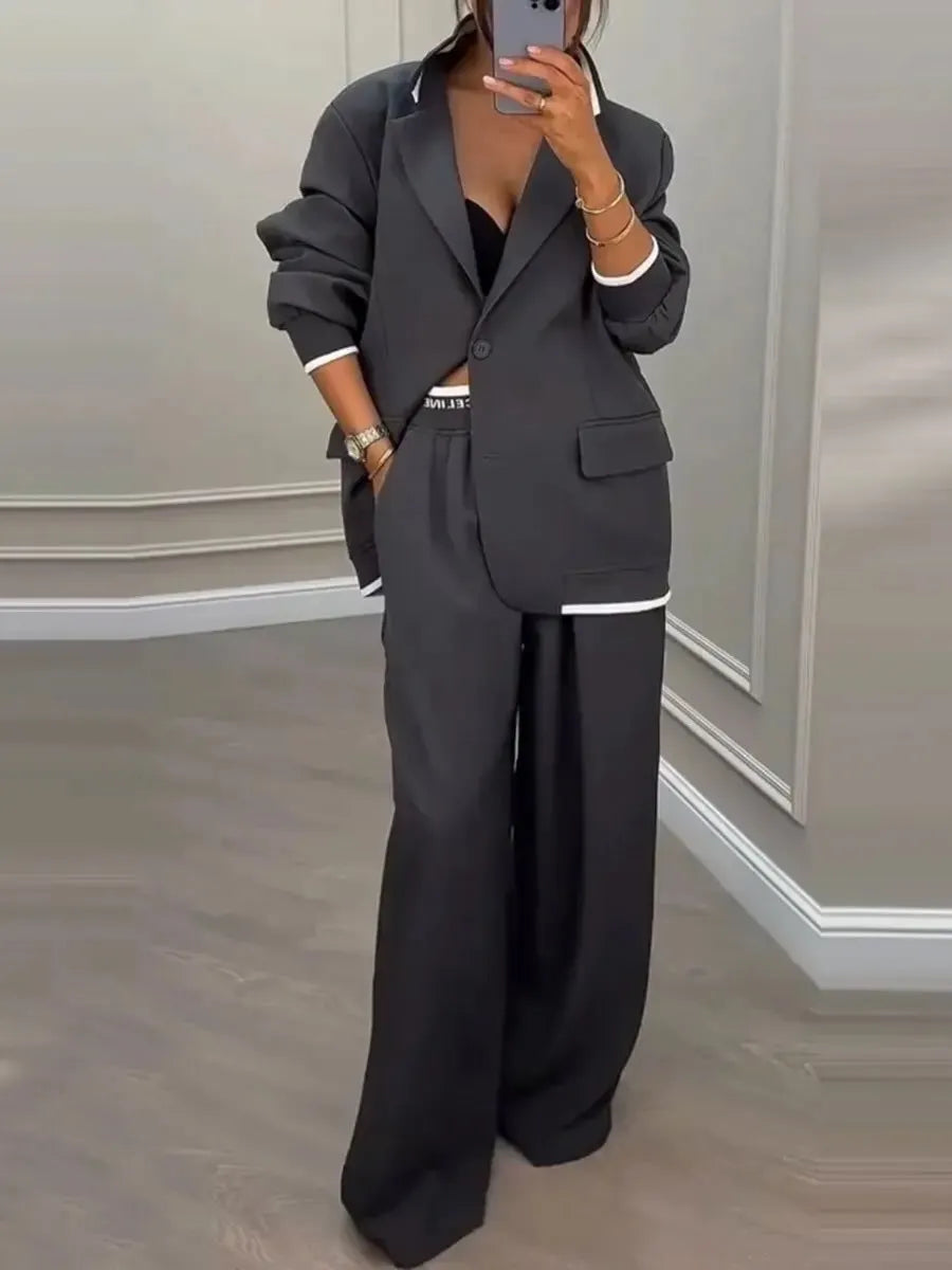 Contrast Trim Oversized Blazer And Wide Leg Pants Two Piece Set