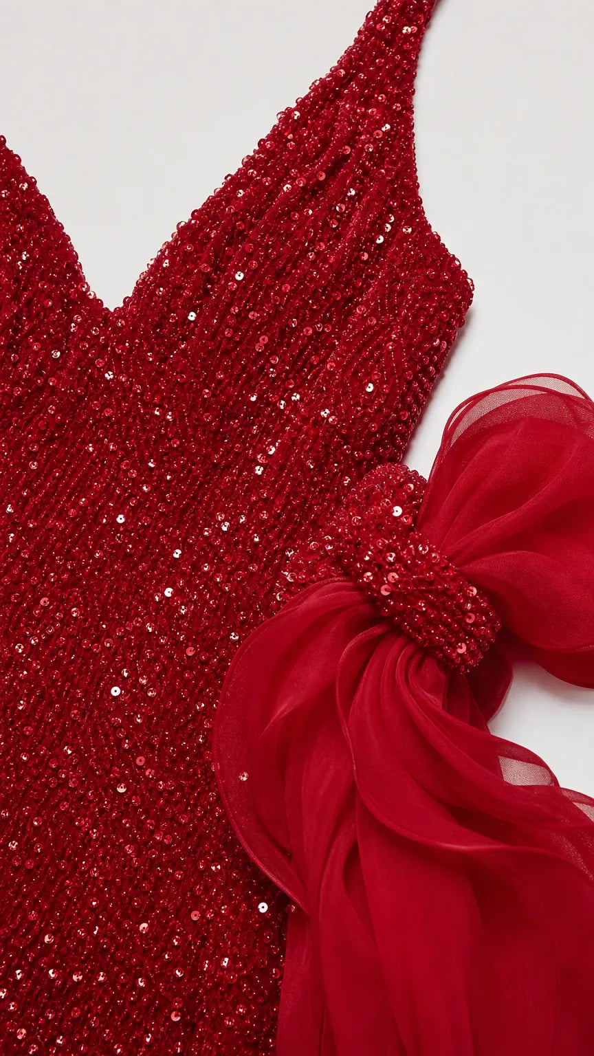 Sequin Halter Neck Mermaid Evening Gown with Dramatic Ruffle Arm Cuffs