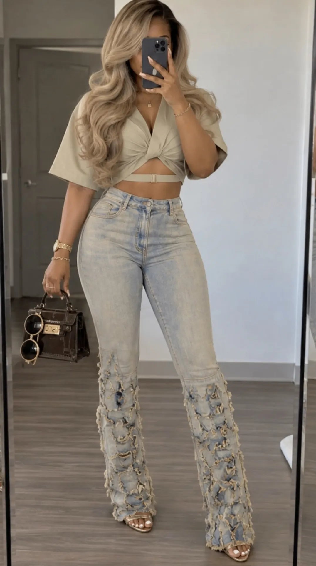 Distressed Patchwork High Waist Flare Jeans