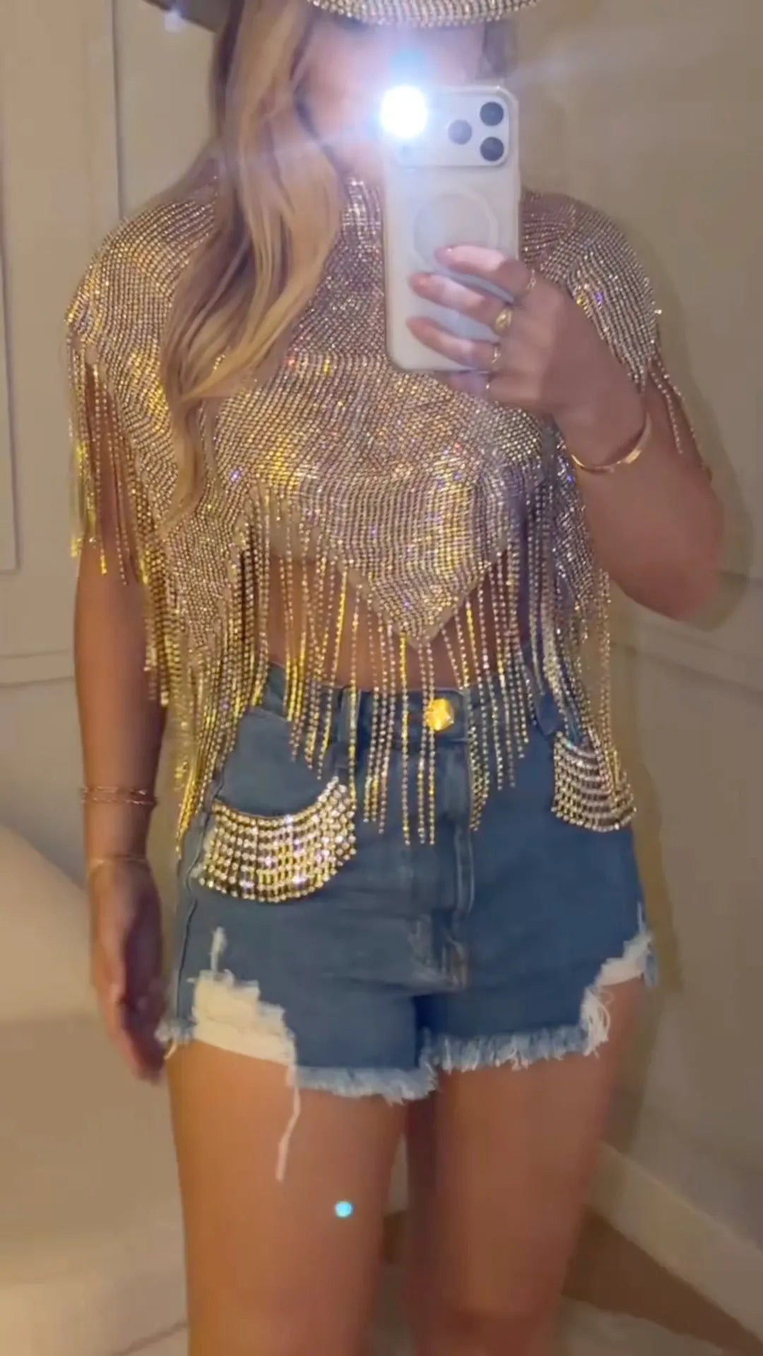 Gold Rhinestone Fringe Top & Ripped Denim Shorts Two‑Piece Set
