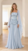 Embellished Corset Maxi Gown with Draped Wing Sleeves