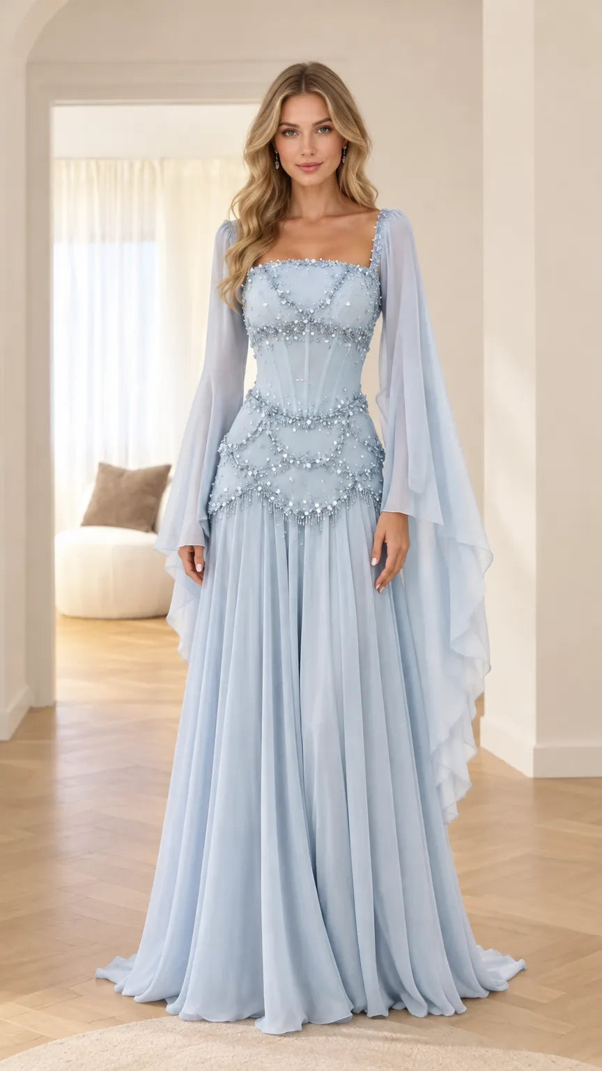 Embellished Corset Maxi Gown with Draped Wing Sleeves