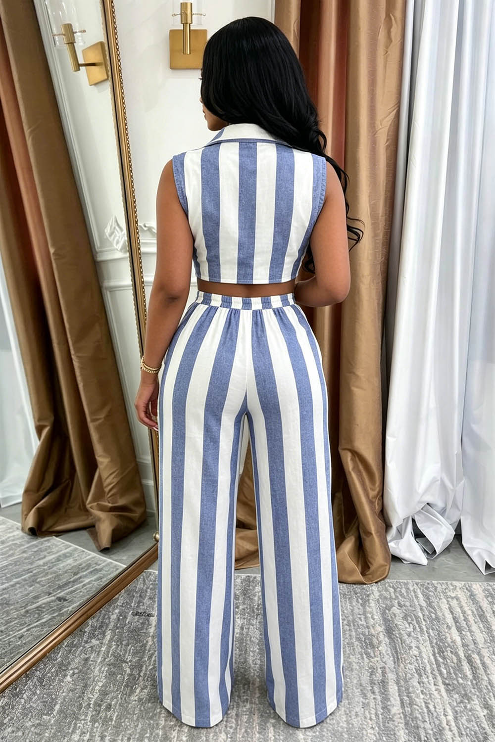 Striped Turndown Collar Sleeveless Top Pants Casual 2pcs Set-Blue