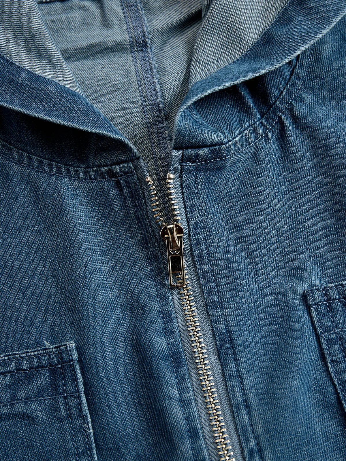 Casual Loose Retro Pocket Long Sleeve Hooded Zipper Denim Jumpsuit