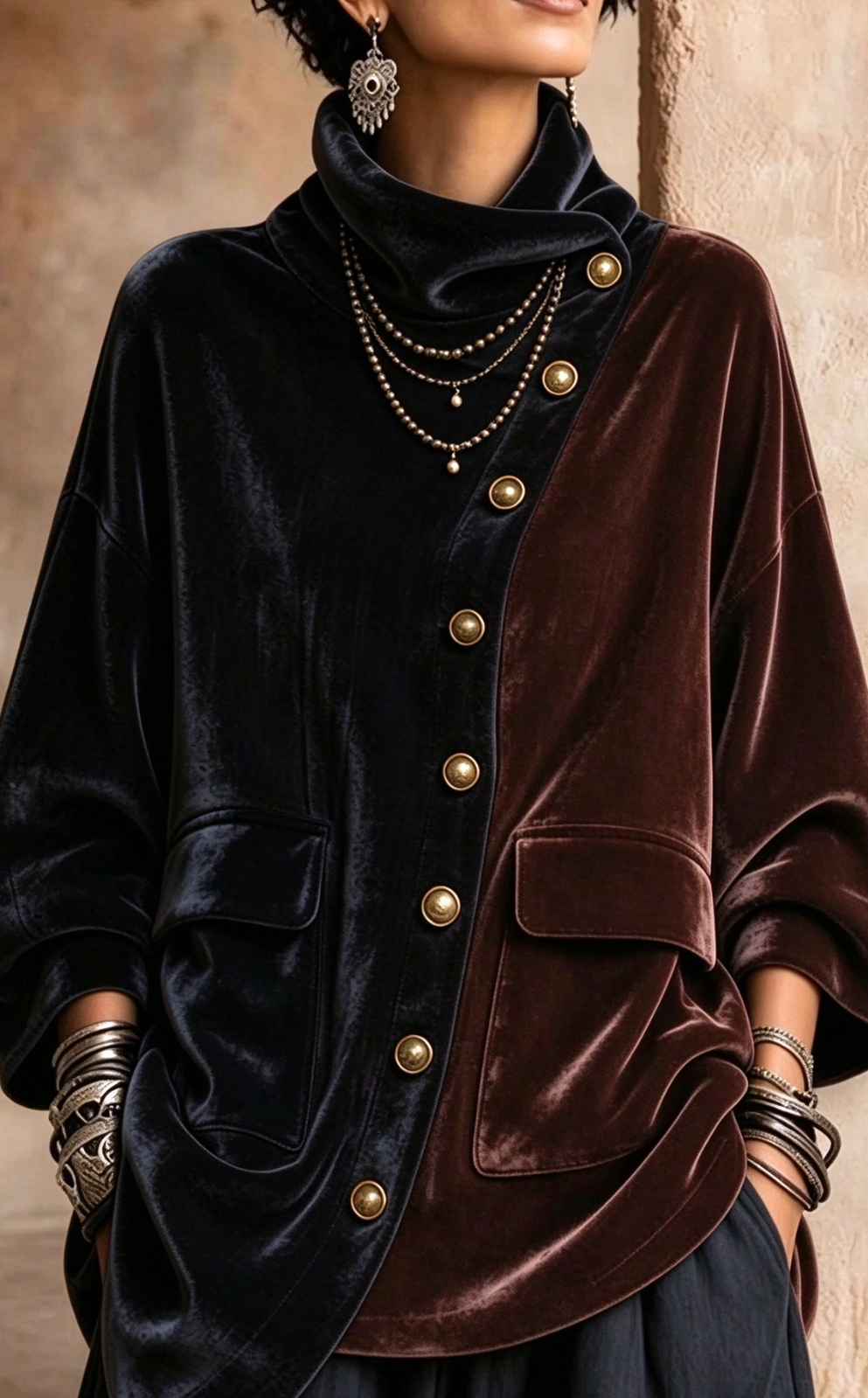 🤲LAST DAY SAVE 49% ⏰Vintage Velvet Color Block Cowl Neck Jacket