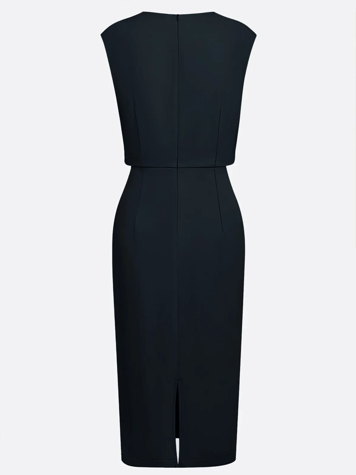 Black Ruched Cut Out Classic Crew Neck Cap Sleeve Sheath Midi Dress