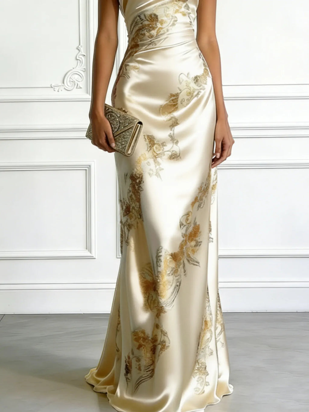 Beige Floral Satin One Shoulder Sleeveless Sheath Floor-length Gown Dress