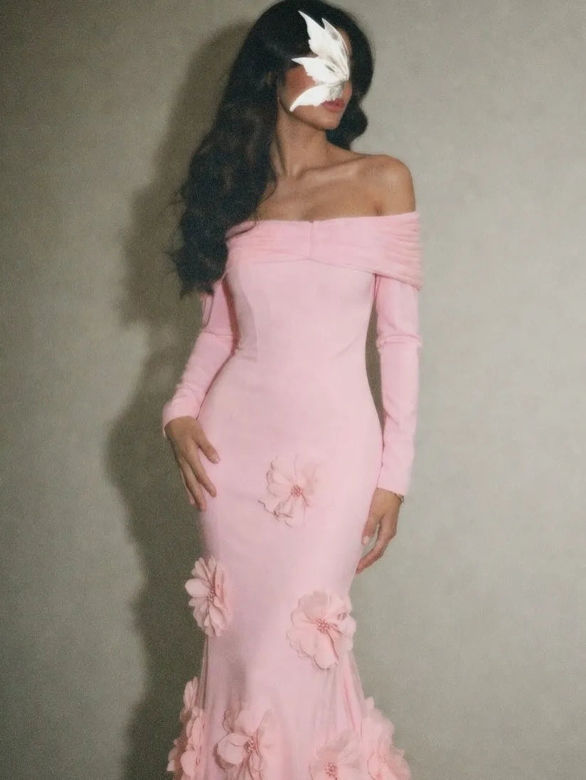 Cocoslly Off-The-Shoulder Long Sleeves High Waist Long Mermaid Prom Dress With Flowers | Pink Satin WT0125