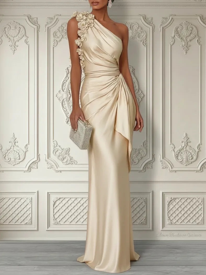 Champagne 3D Floral Ruched Satin One Shoulder Sleeveless Sheath Floor-length Gown Dress