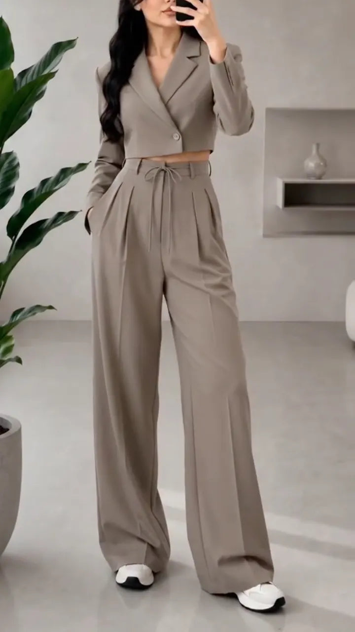 Khaki Cropped Blazer & High Waist Wide Leg Pant 2 Piece Set