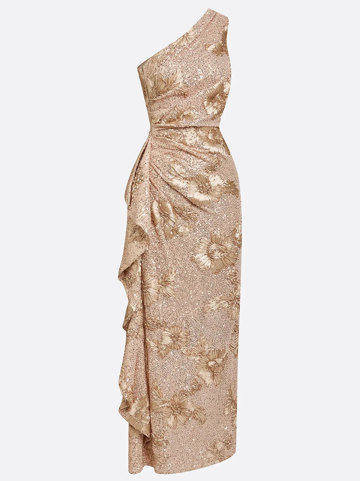 Champagne Jacquard Sequin One Shoulder Sleeveless Mermaid Floor-length Gown Dress