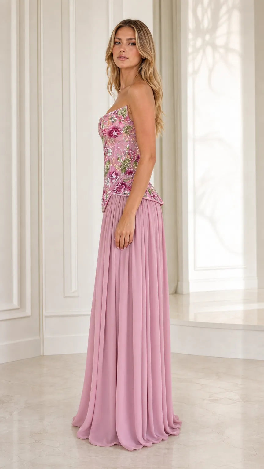 Floral Embroidered Basque Waist Strapless Corset Maxi Gown