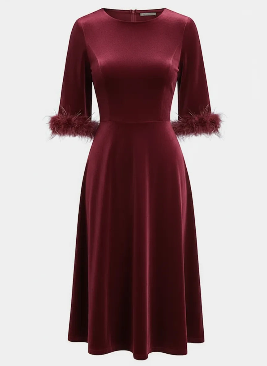 Wine Red Feather-trimmed Velvet Crew Neck Half Sleeve A-Line Midi Dress