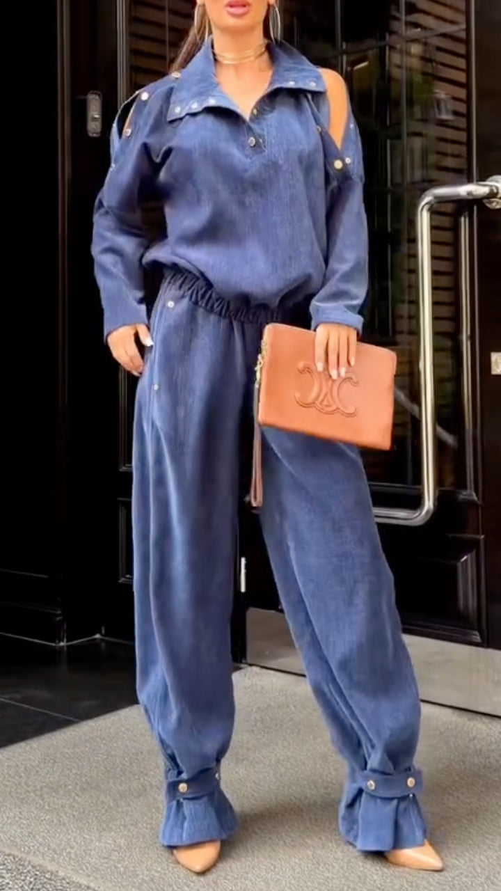 Cold-Shoulder Denim Top & Balloon-Leg Pants Set