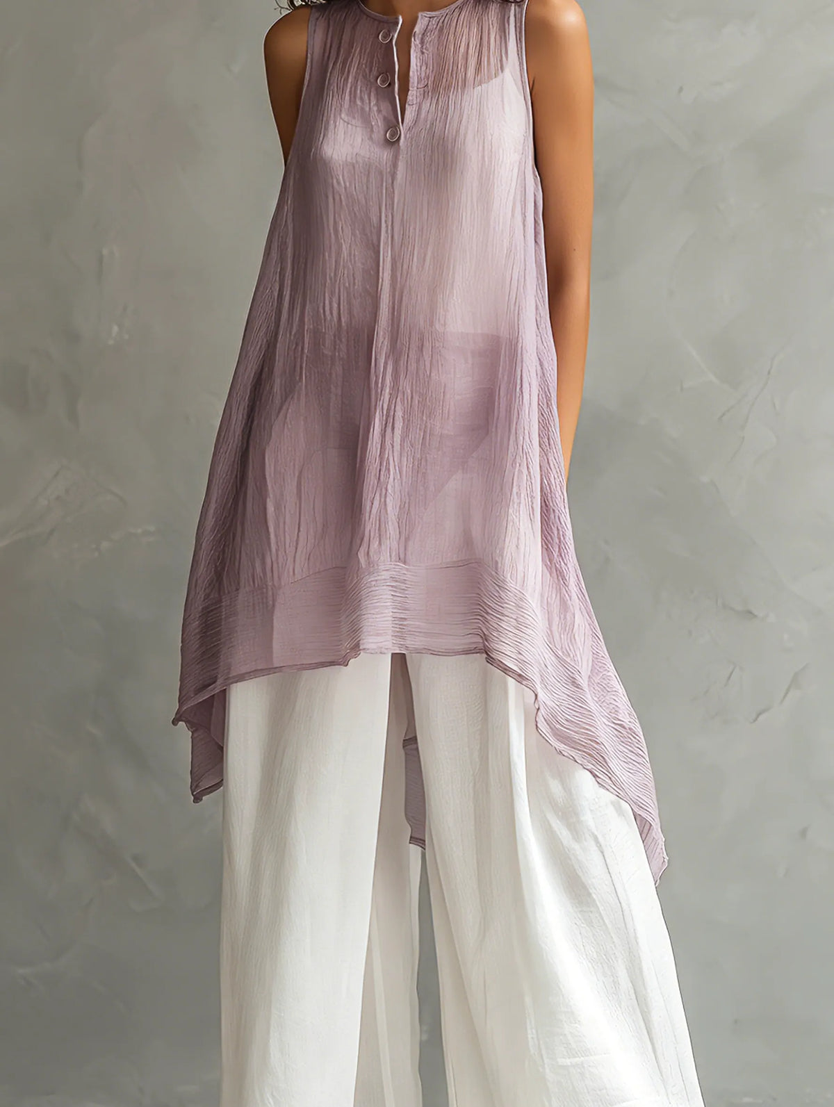Women's Casual Sleeveless Light Purple Chiffon Blouse Paired With Cotton-linen Trousers (includes A Camisole) MDZ0948F1LXY