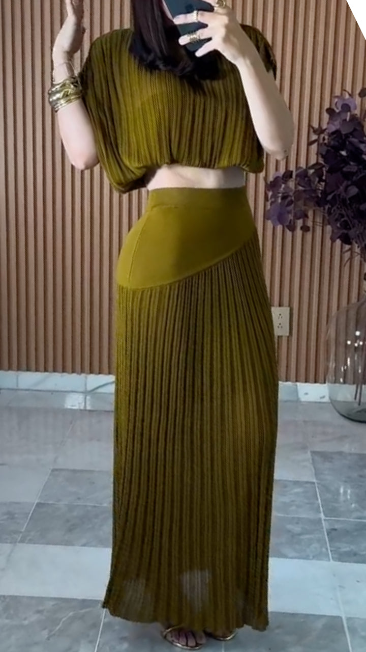 Olive Green Pleated Crop Top And Maxi Skirt Two Piece Set