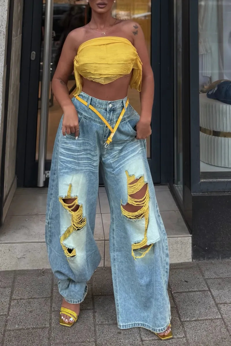 Acid Wash Yellow‑Thread Ripped Baggy Jeans