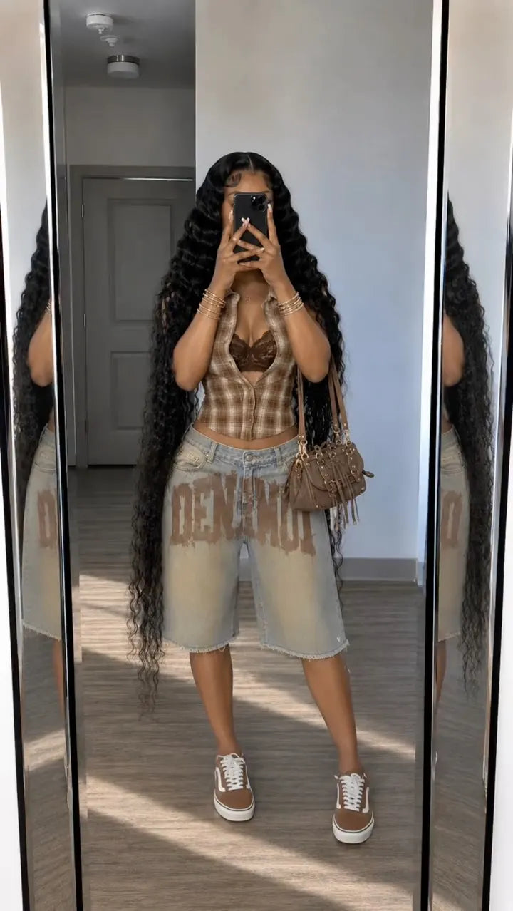 Brown Plaid Crop Shirt And Letter Print Denim Shorts Set