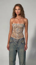 Pearl & Rhinestone Embellished Strapless Corset Top with Beaded Fringe Hem