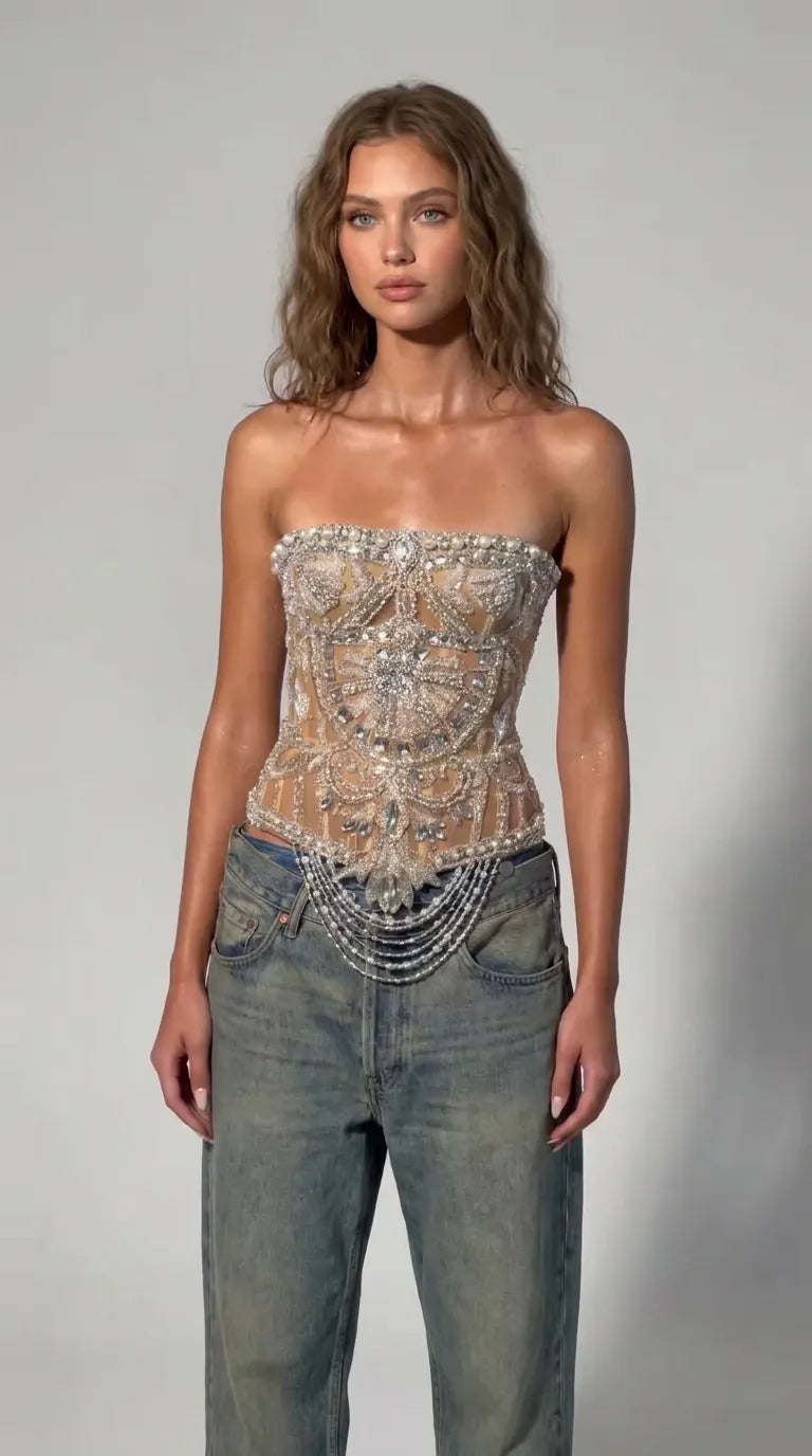 Pearl & Rhinestone Embellished Strapless Corset Top with Beaded Fringe Hem