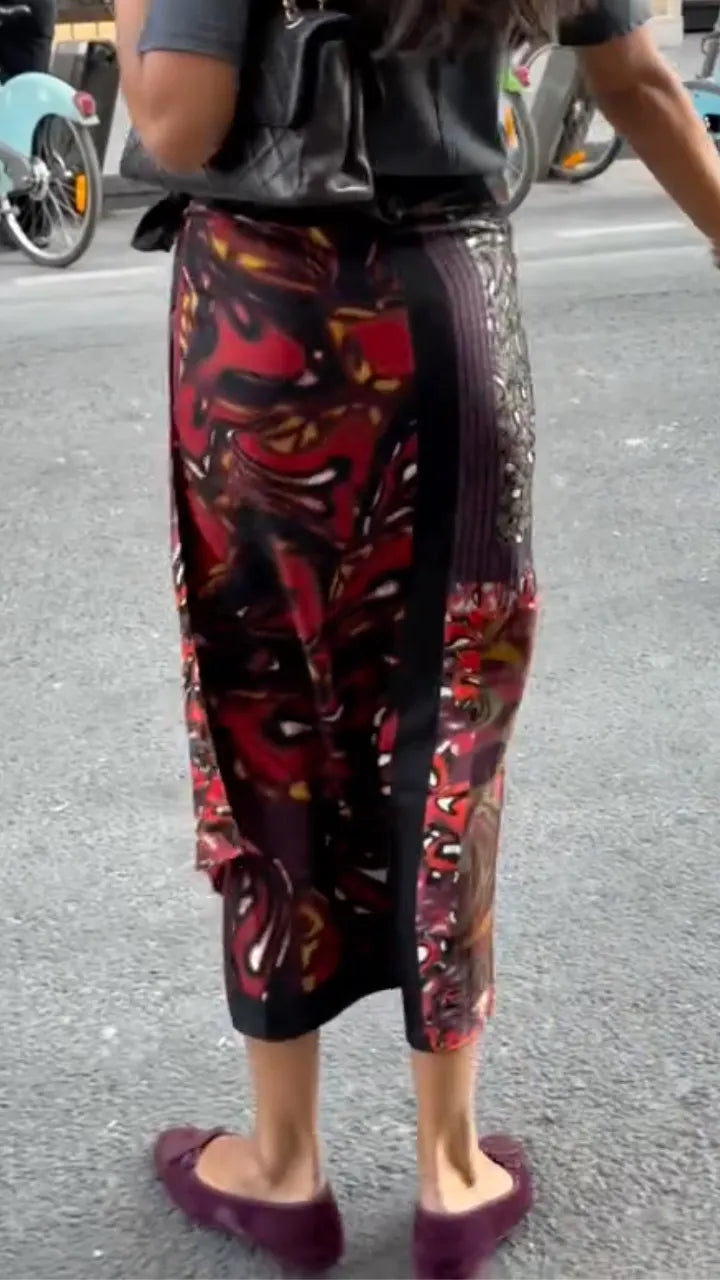Patchwork Print Wrap Midi Skirt