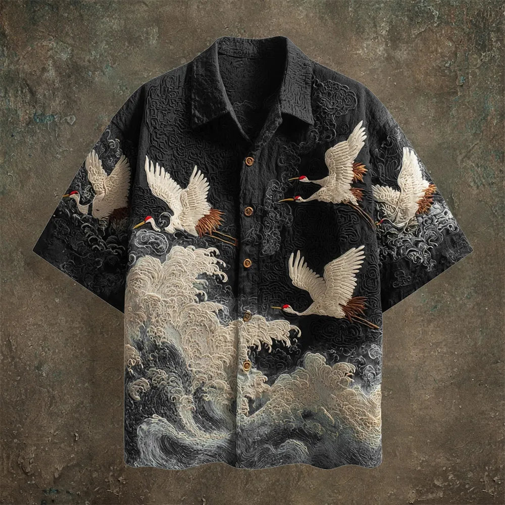 Japanese Wave & Crane Men's Casual Linen Short Sleeve Shirt