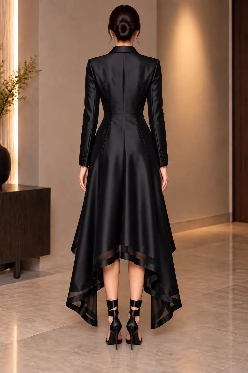 Black Satin High‑Low Blazer Dress
