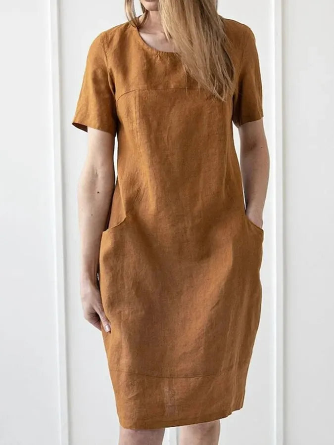 Women's Casual Solid Color Loose Cotton Round Neck Short Sleeve Dress