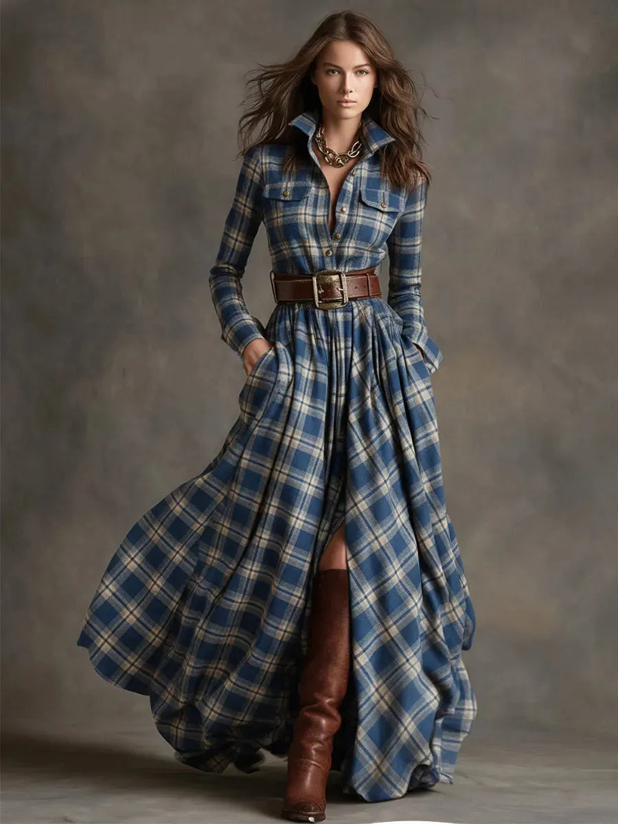 Retro Ethnic Style Lapel Reddish Brown Plaid Maxi Dress