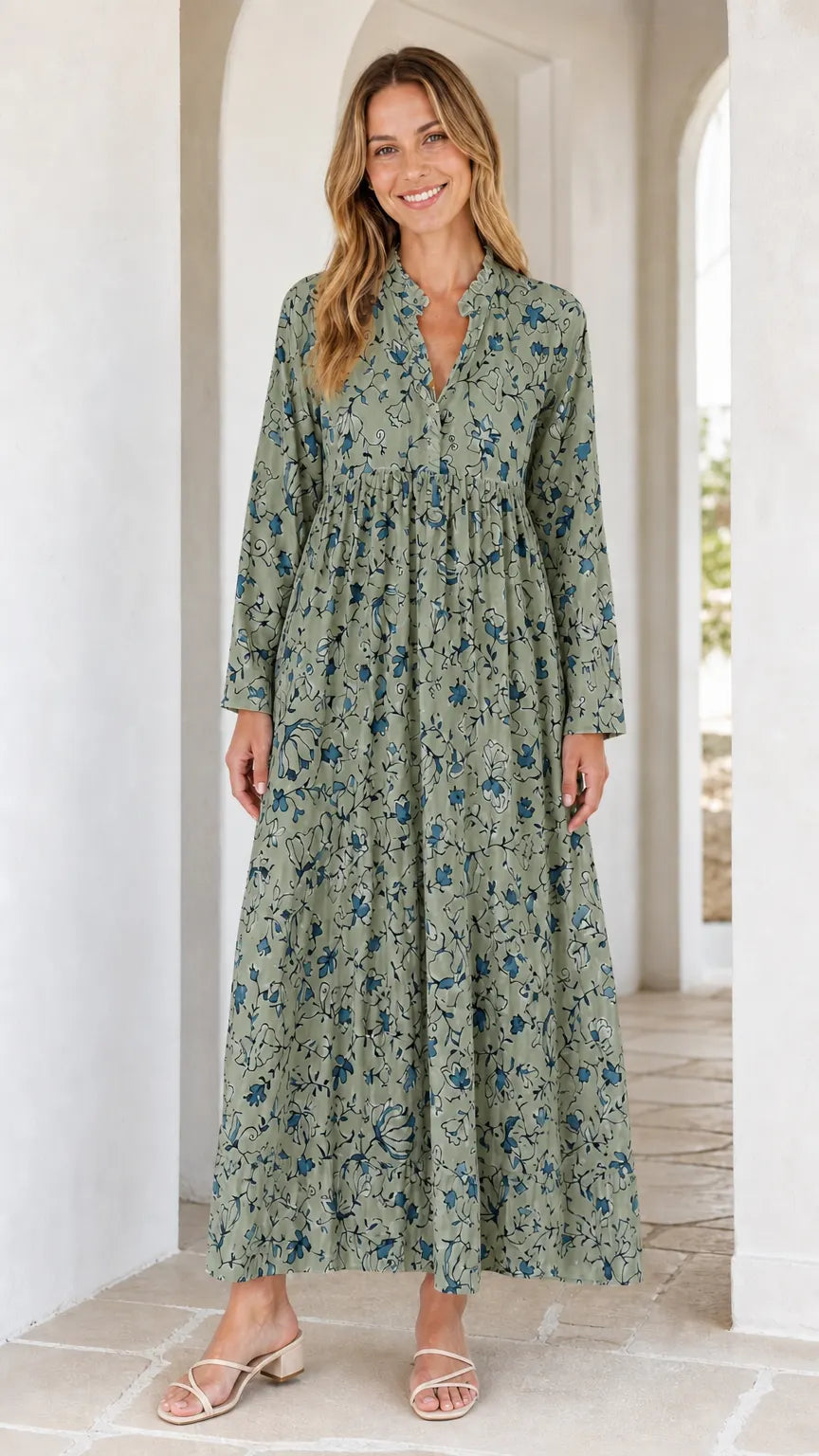 Women's Long Sleeve Floral Print Ruffle Maxi Dress