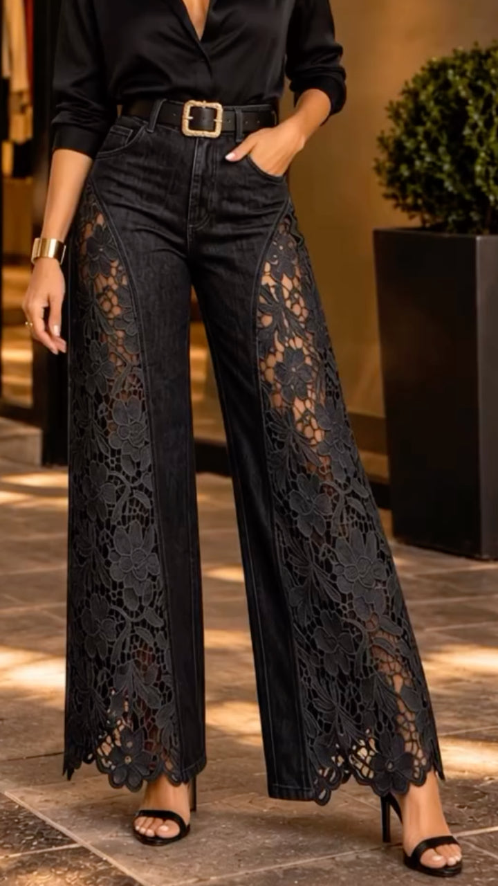 Black Floral Lace-Panel Wide-Leg Jeans