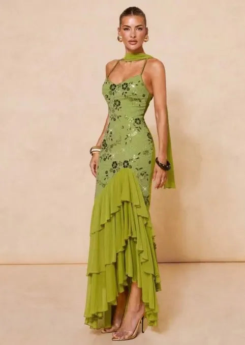 Cocoslly Spaghetti Straps Sleeveless High Waist Long Prom Dress With Ruffles And Sequins | Sage Chiffon LR0491