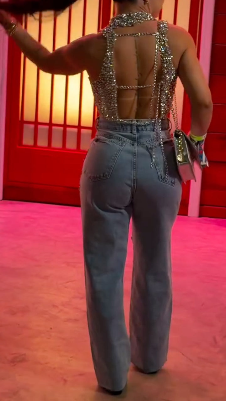 Rhinestone Embellished Crop Top And Denim Straight Jeans Set