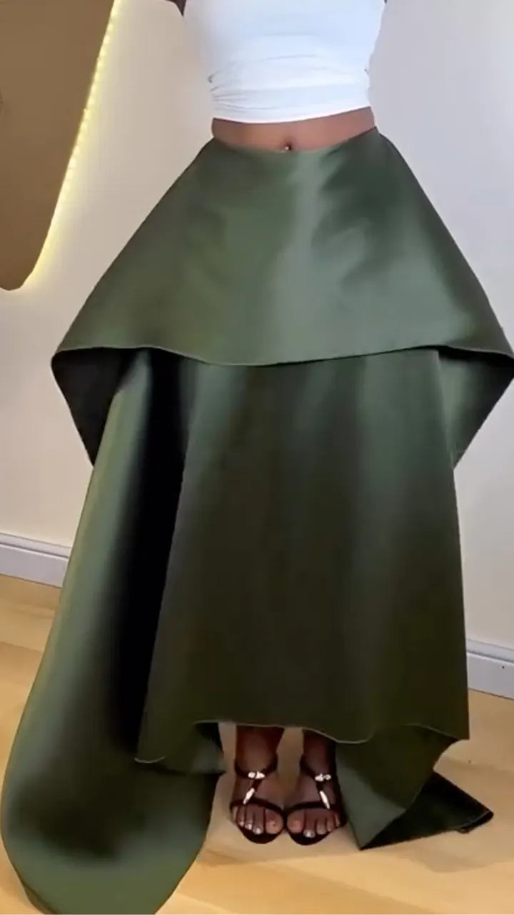 Dark Green Satin Oversized Maxi Skirt
