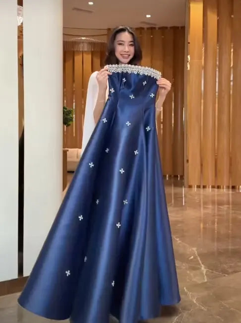 Cocoslly Strapless Sleeveless High Waist Long A Line Prom Dress With Rhinstone | Navy Blue Satin JZ0146