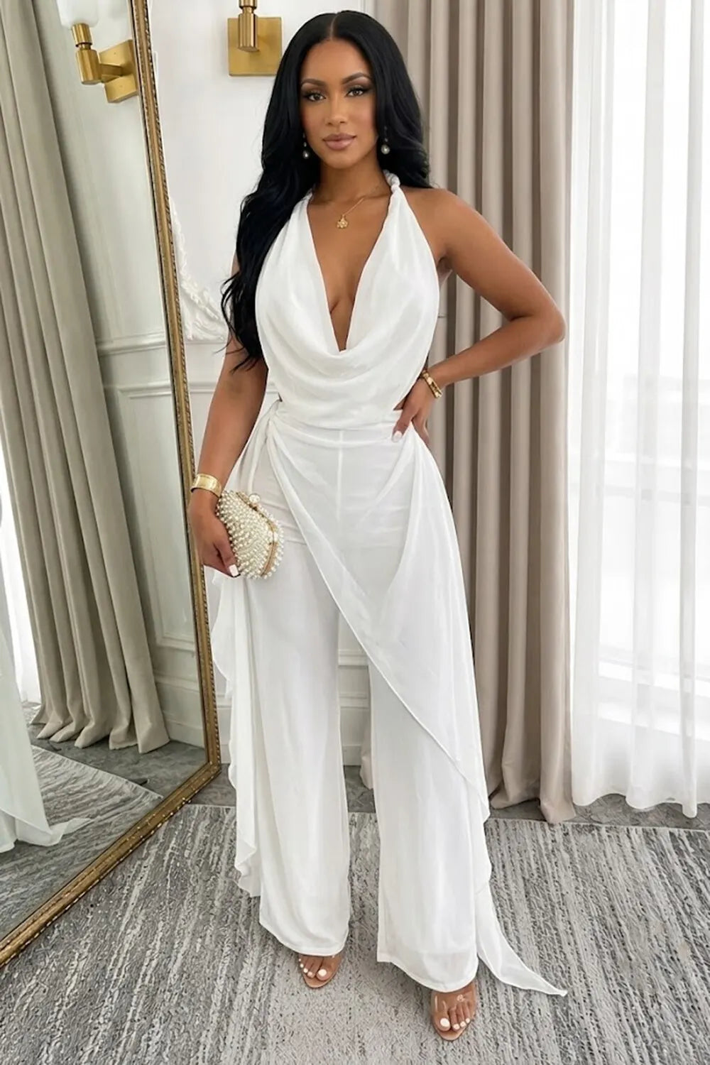 Solid Color Halter Cowl Neck Backless Top Overlap Drape Pants 2pcs Set-White