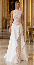 Ivory Lace & Satin Draped Evening Gown
