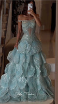 Off‑Shoulder Petal Sequin Ball Gown
