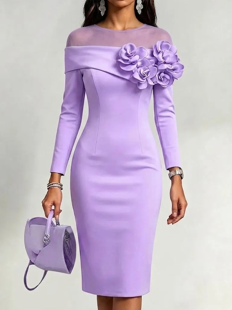 Dress With A Round Neck And 3d Floral Embellishment On The Side