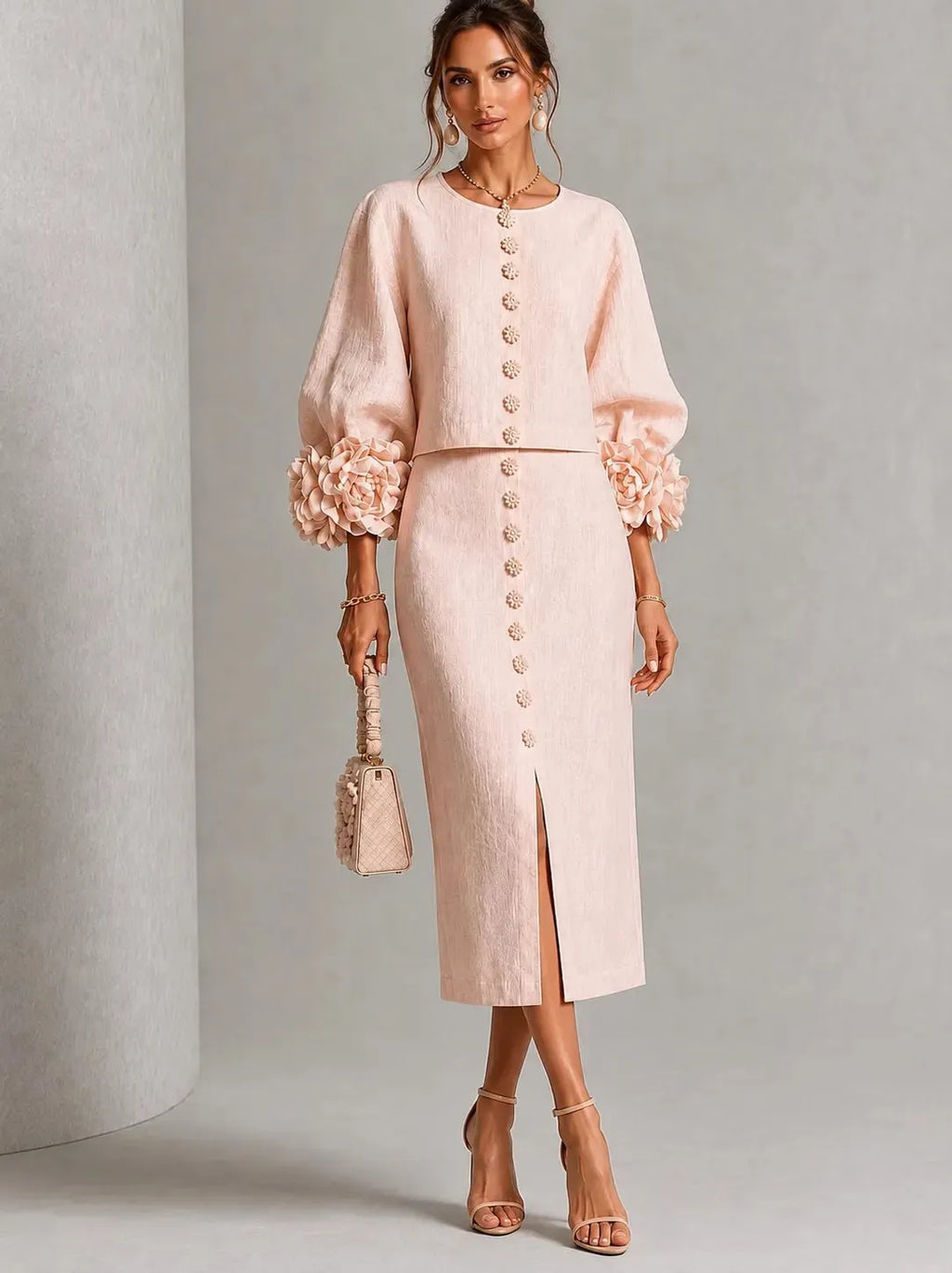 Blush 3D Floral Button Midi Two‑Piece Set