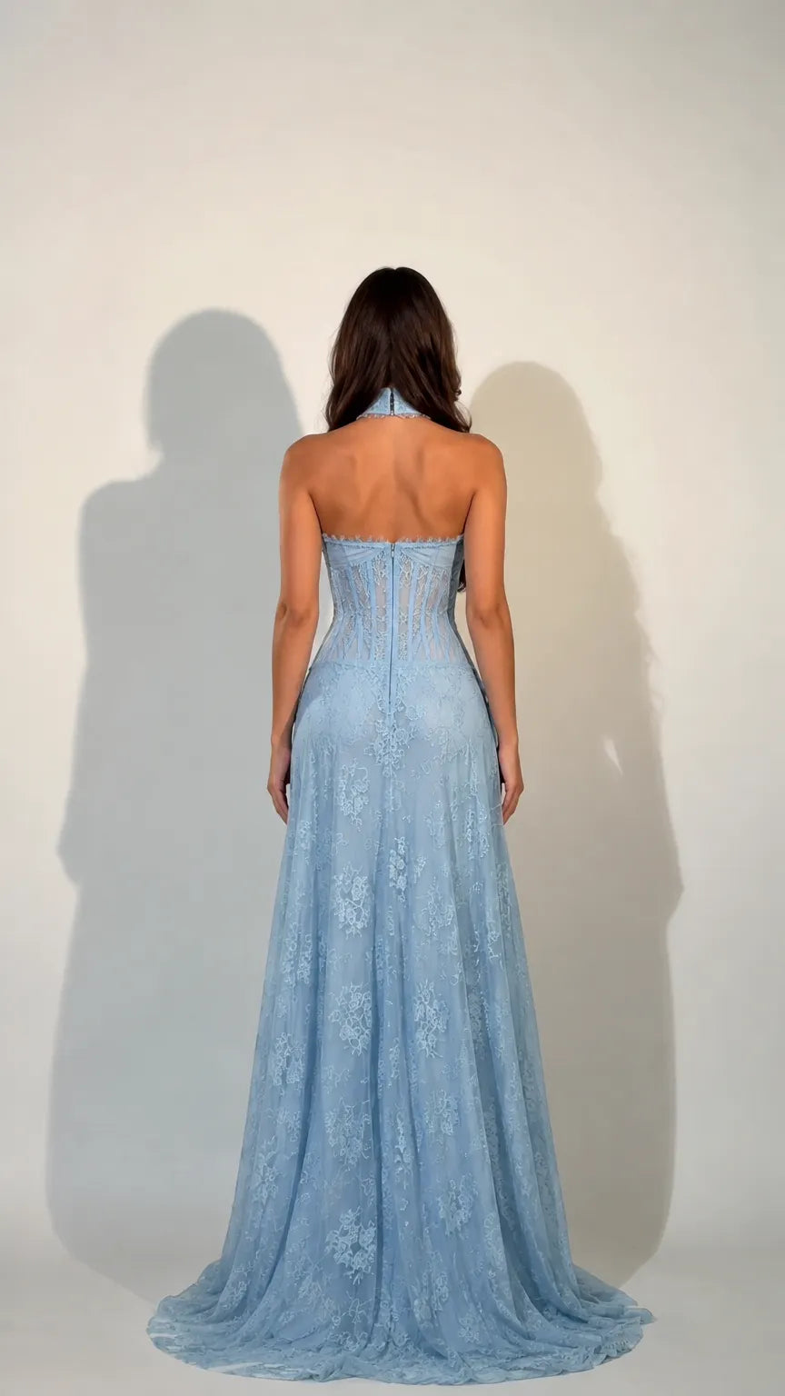 Strapless Lace Boned Corset Evening Gown with Thigh Slit and Choker