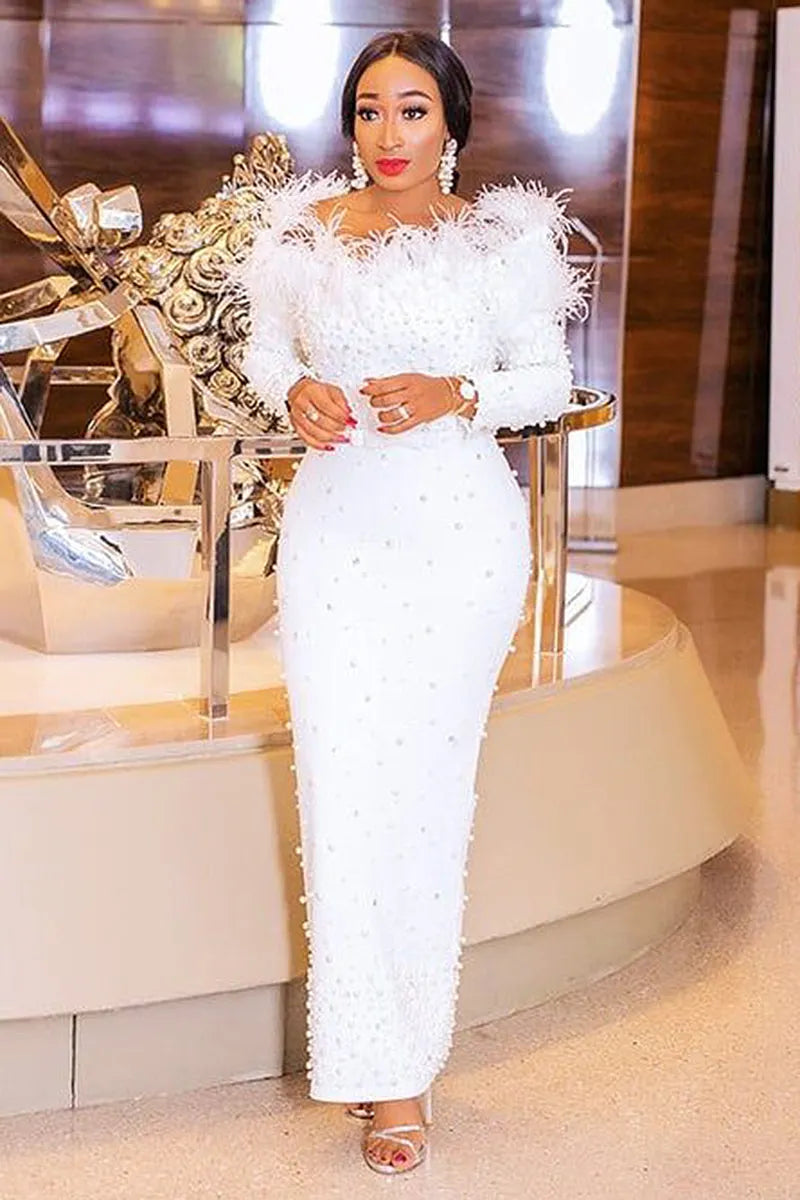 Off Shoulder Feather Pearl Bodycon Maxi Dresses