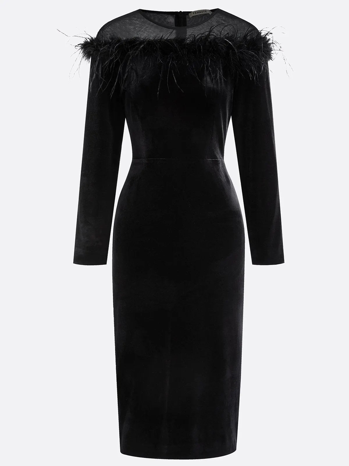 Black Feather-trimmed Mesh Velvet Crew Neck Long Sleeve Sheath Midi Dress