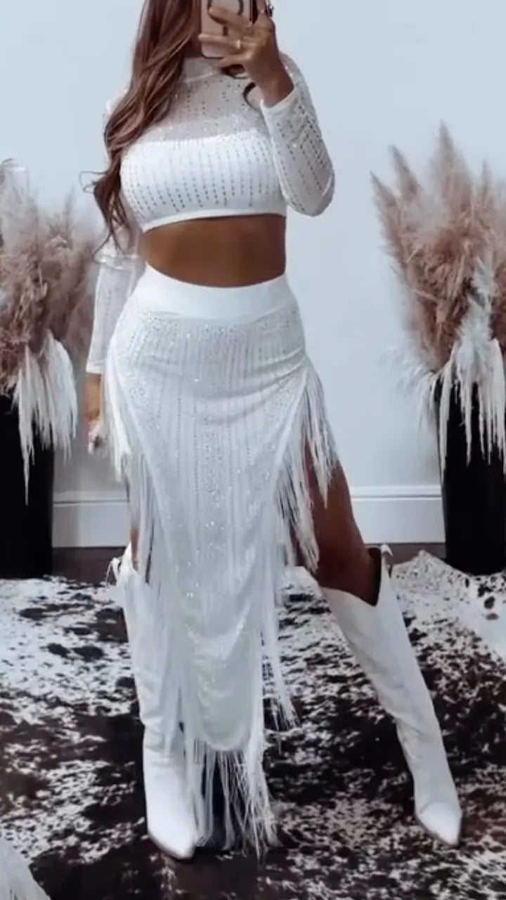 Rhinestone Fringe Mesh Two Piece Outfit