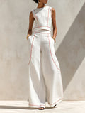Women's Minimalist Linen-Blend Contrast-Stitched Blouse & Wide-Leg Pants Set MDZ1599E9Y