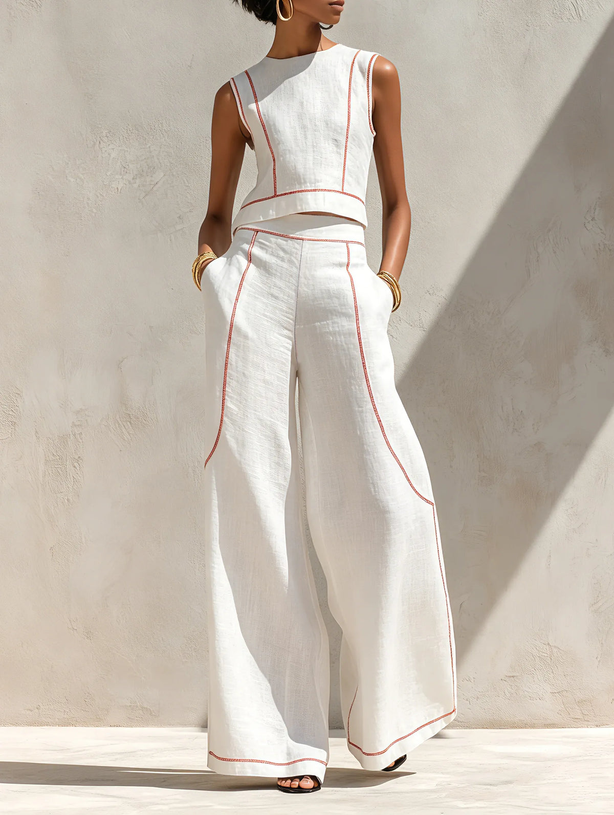 Women's Minimalist Linen-Blend Contrast-Stitched Blouse & Wide-Leg Pants Set MDZ1599E9Y