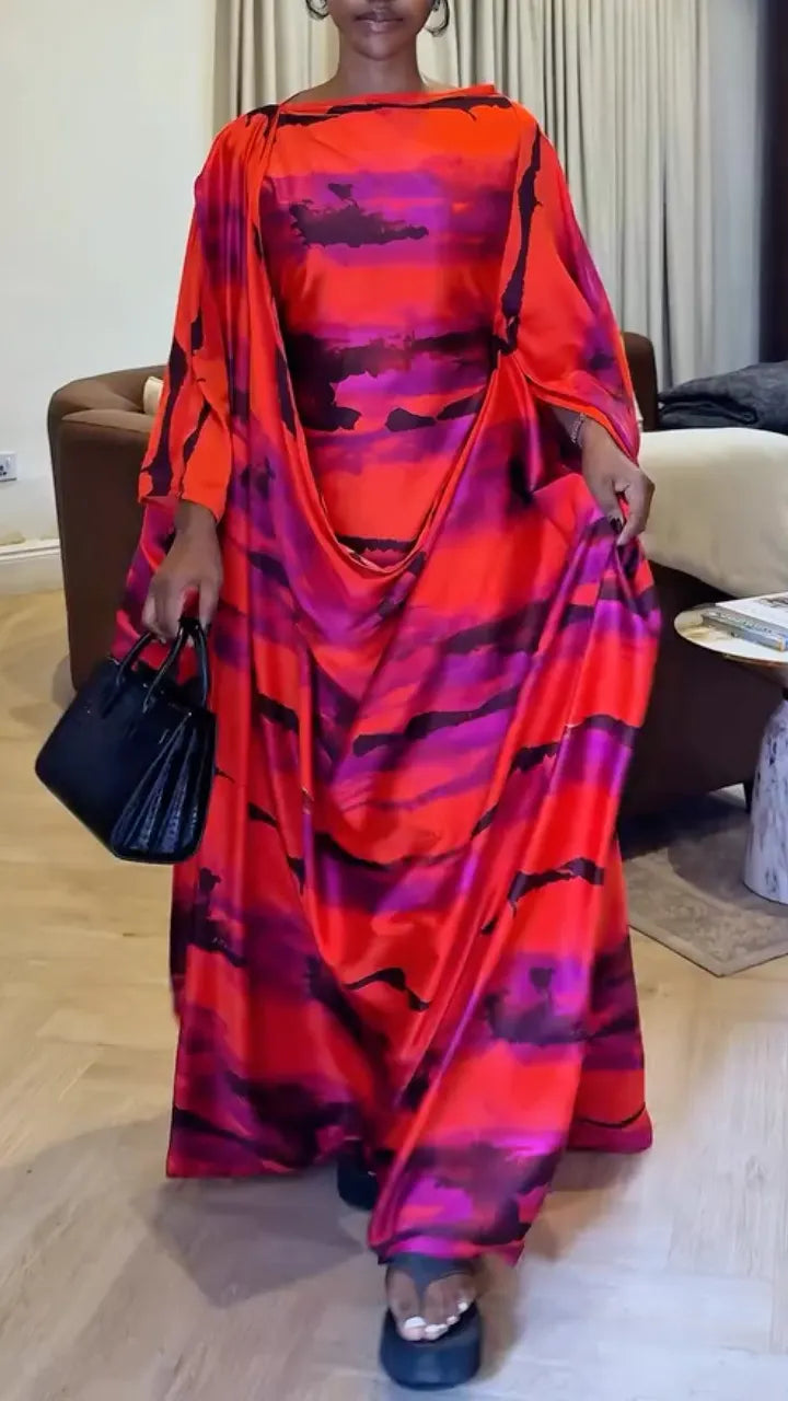Tie Dye Satin Kaftan Maxi Dress