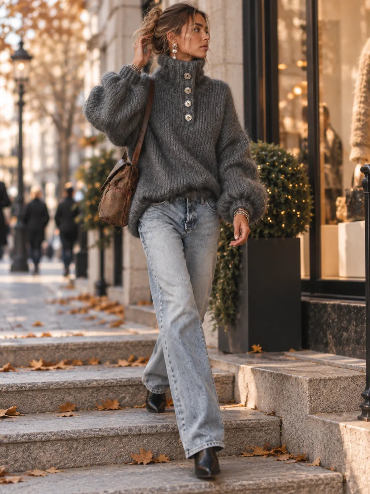 Button-Neck Chunky Knit Sweater