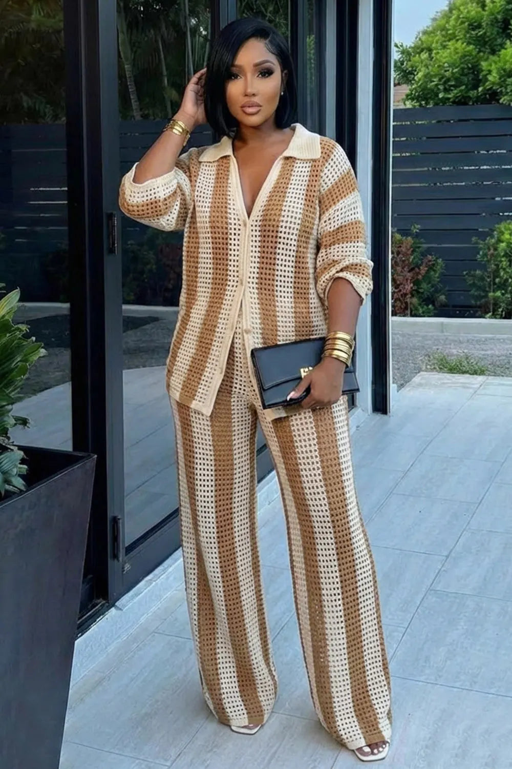 Striped Crochet Turndown Collar Shirt Pants 2pcs Set-Khaki