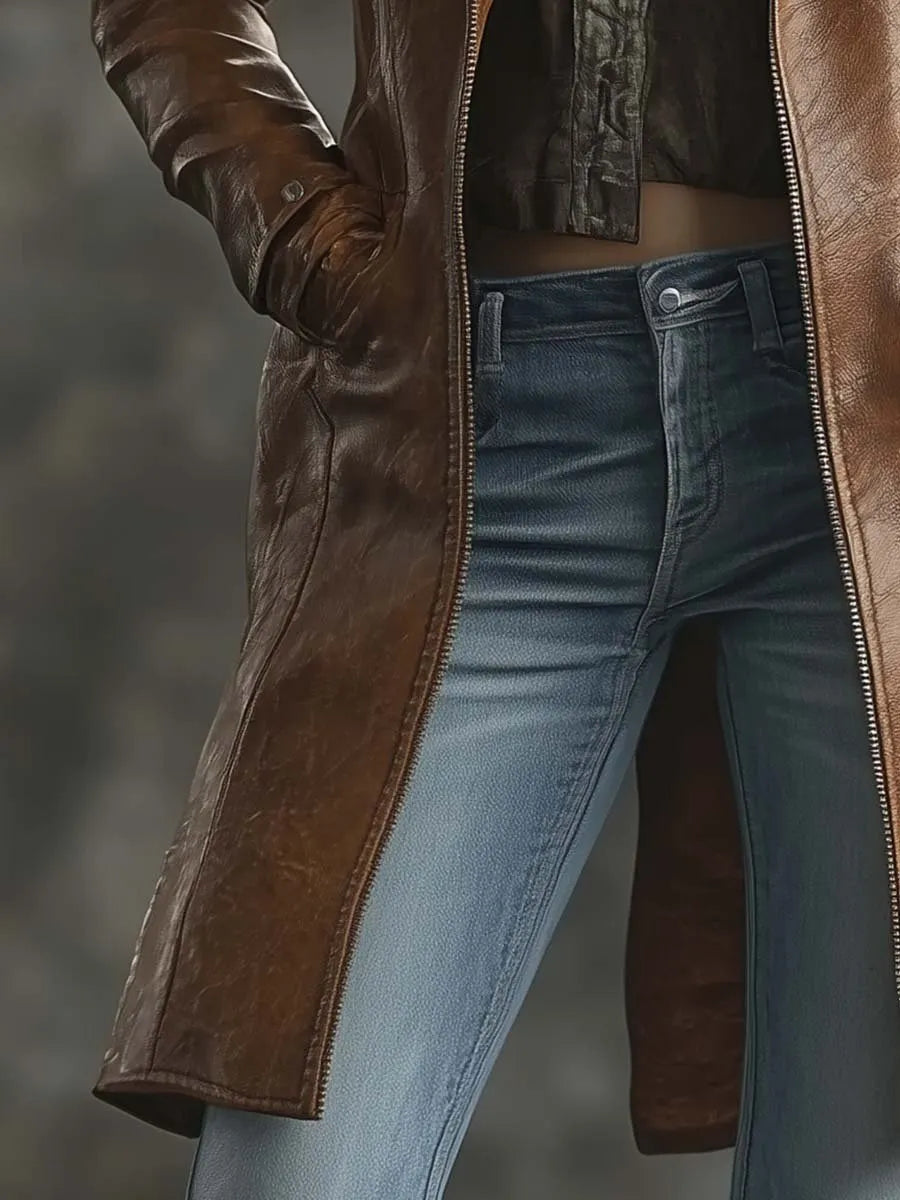 Women's Vintage Contrast Zipper Faux Leather Jacket